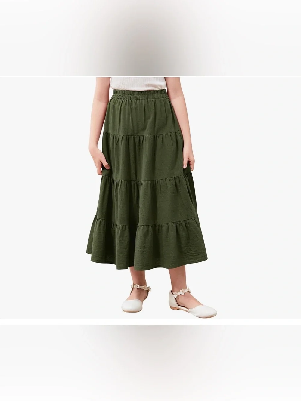 Tiered Olive Green Midi Skirt for Kids - Elastic Waist